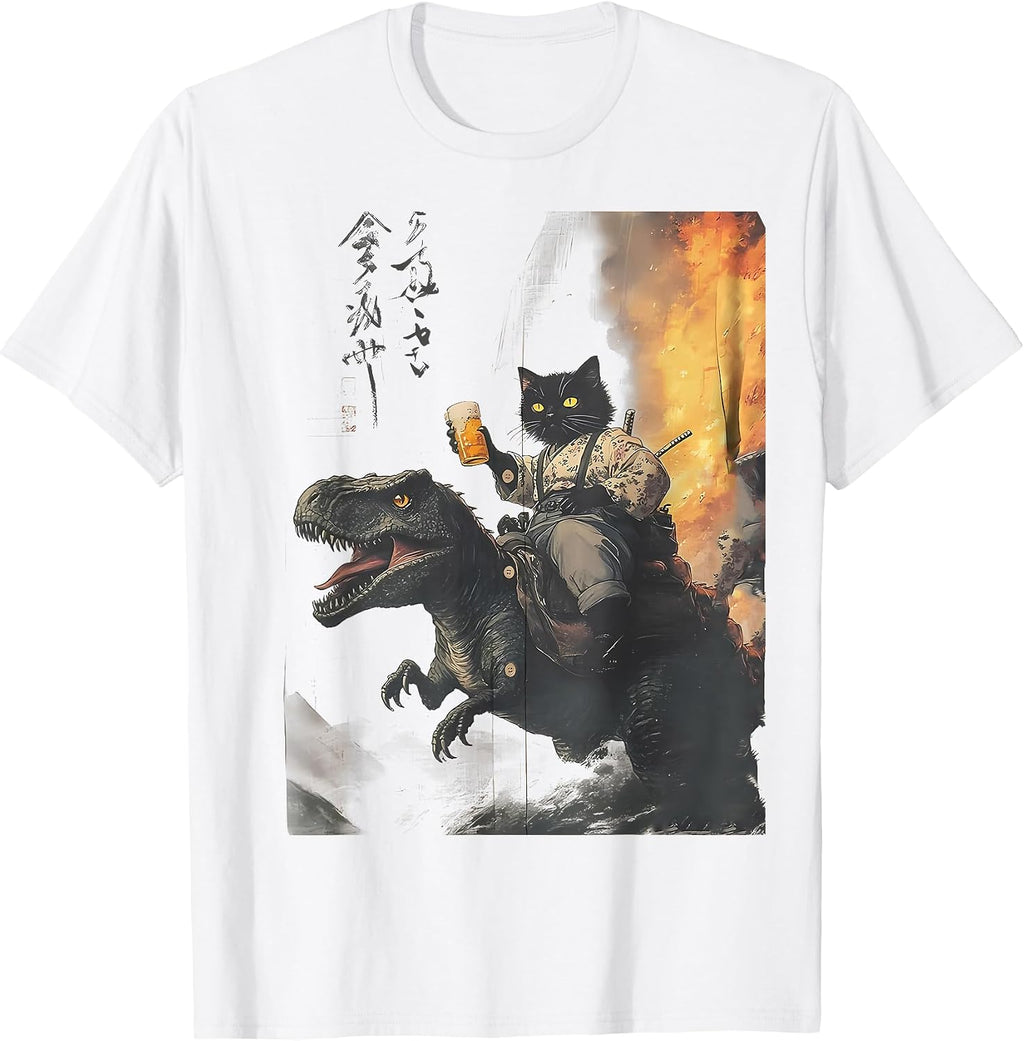black cat samurai dinosaur wave short sleeve shirt