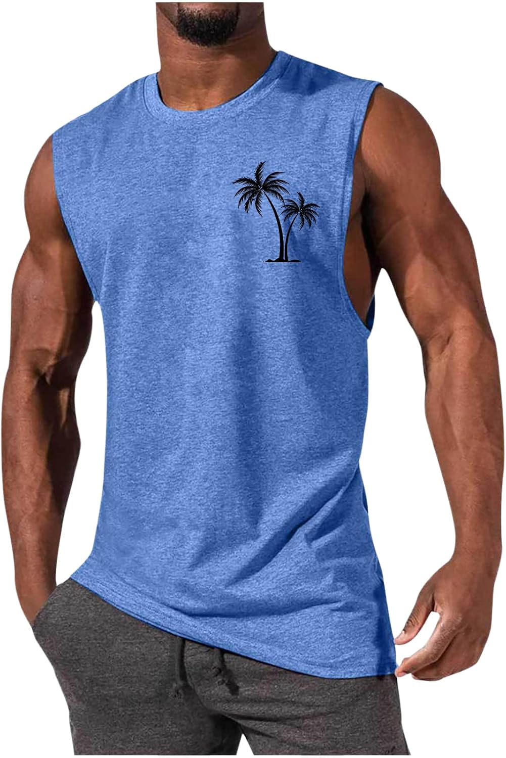 Mens Tank Tops Summer Beach Vacation Sleeveless Shirts Hawaiian Palm Tree Print Soft Tops