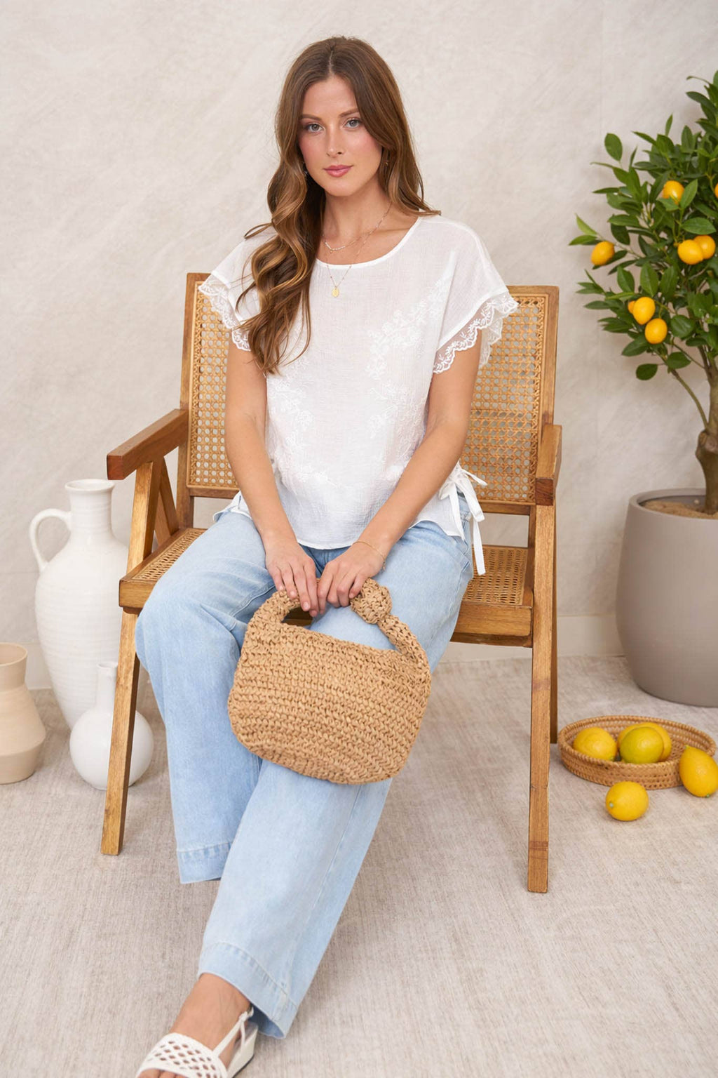 Side Tie Detail Sleeve Lace Trim Woven Top