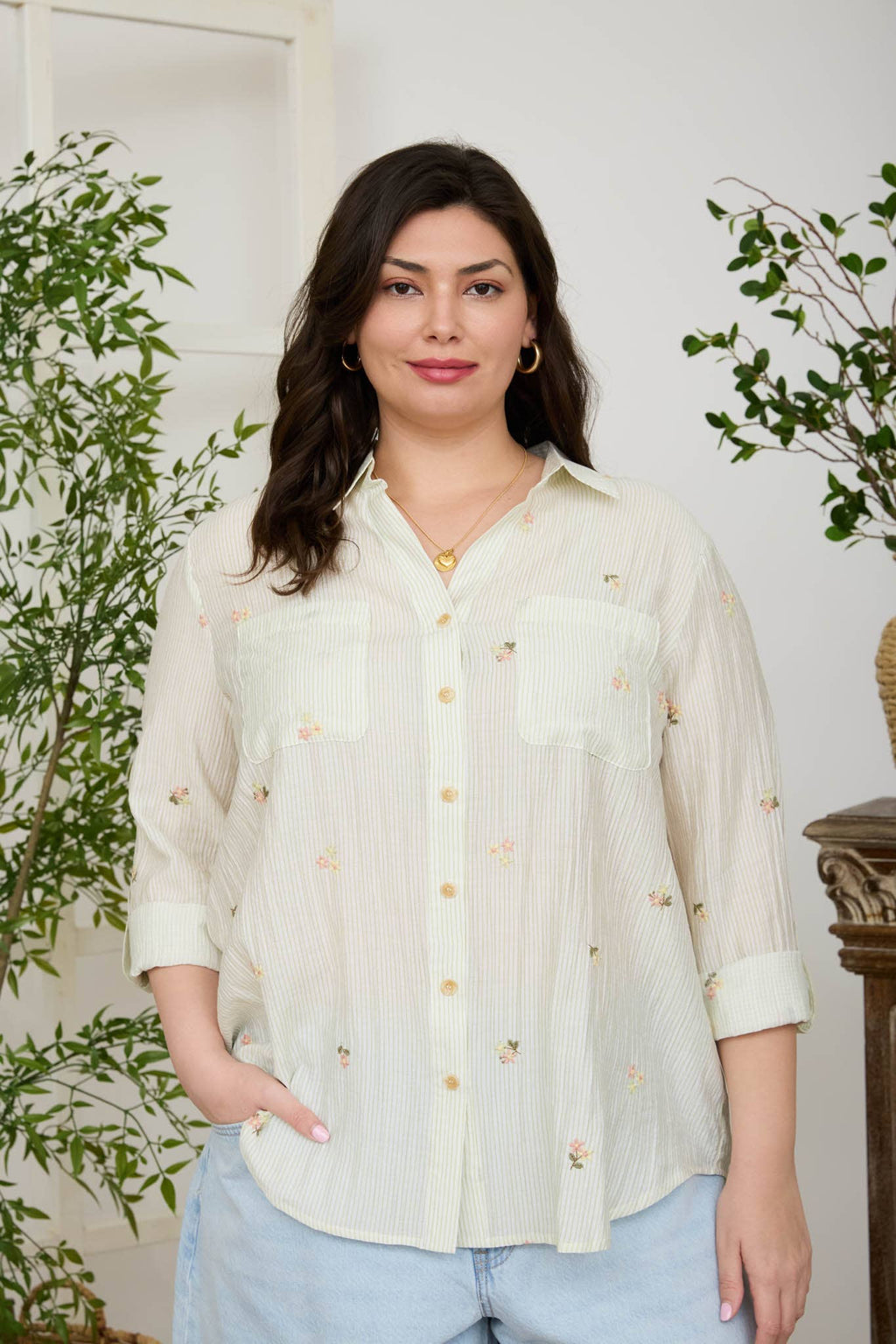 Plus Stripe Floral Embroidery Long Sleeve Top