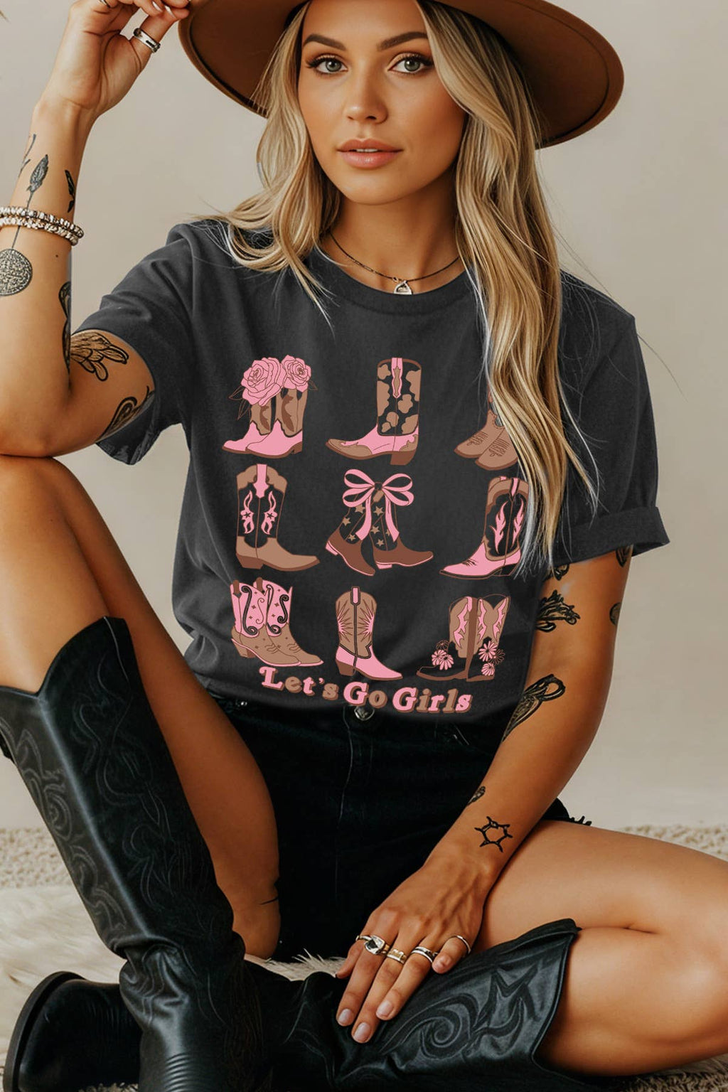 Women Cowgirl Boots Graphic Print Short Sleeve Loose Top