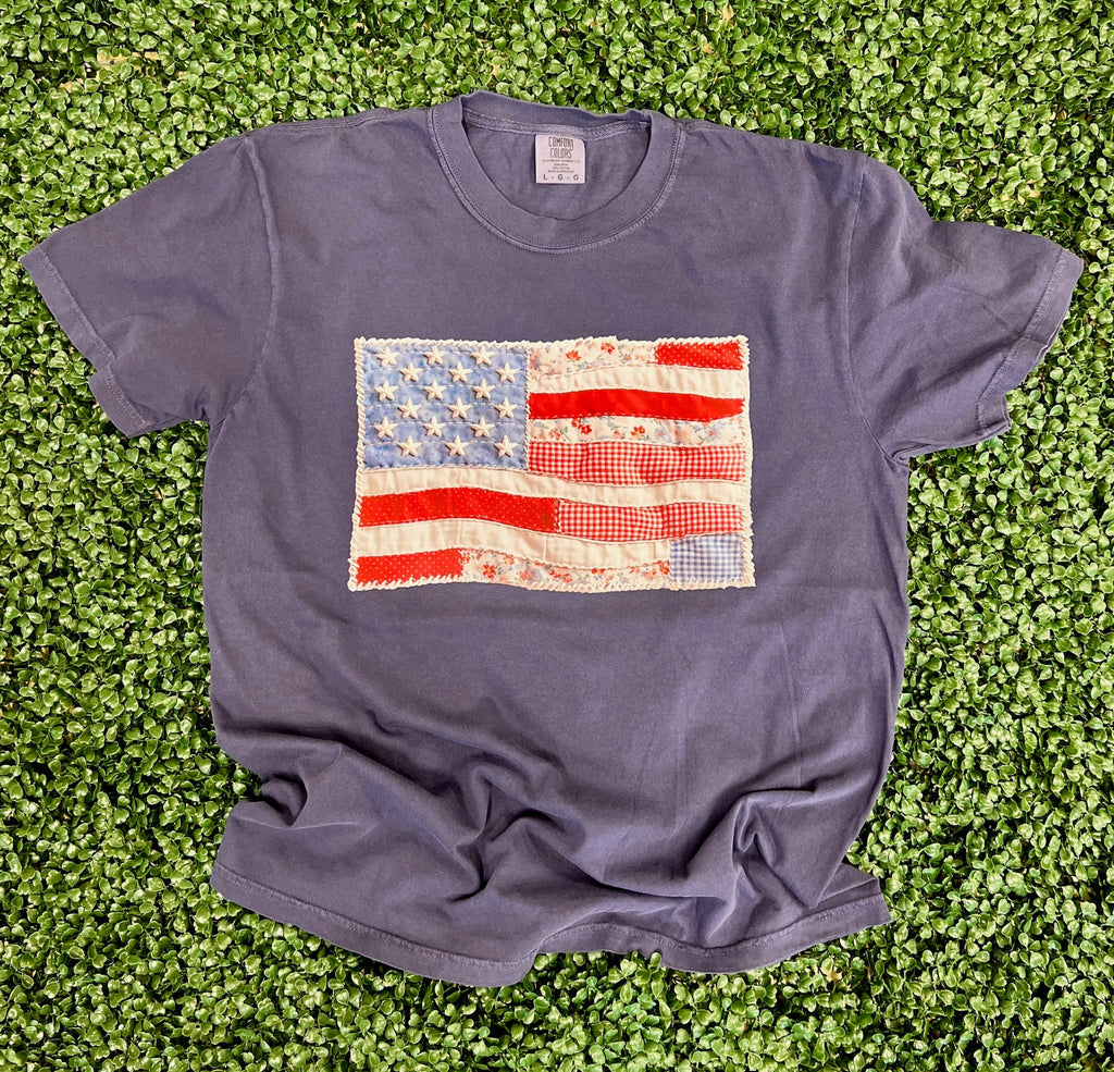 Patchwork USA Flag On Comfort Colors Navy