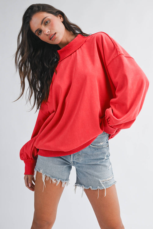 9164HK Oversized Mock Neck Washed Sweatshirt