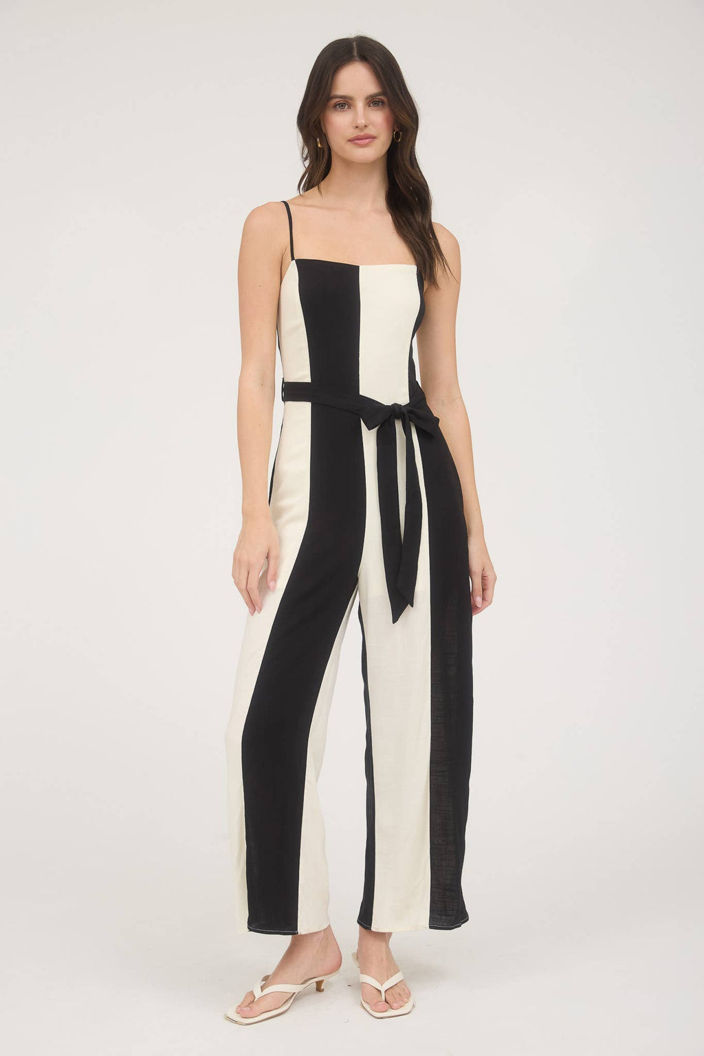 Wide Stripe Spaghetti Strap Belted Jumpsuit