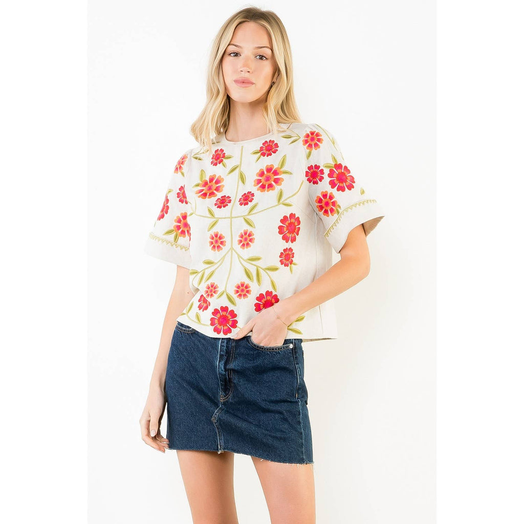 Short Sleeve Floral Embroidery Detail Top