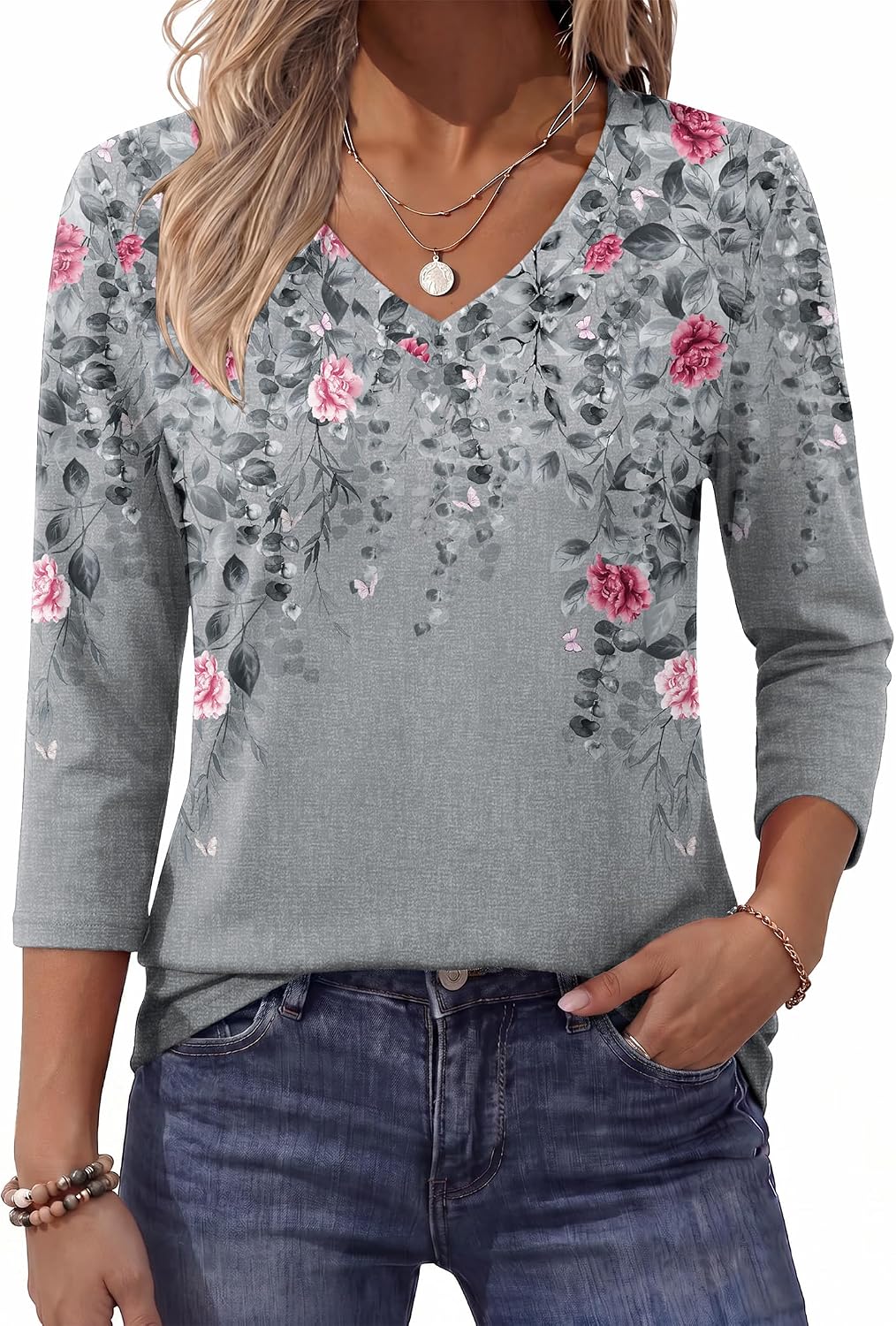 Womens Blouse Casual 3/4 Length Sleeve V Neck Basic T-Shirts Spring Summer Cute Tunic Tops Business Work Tees