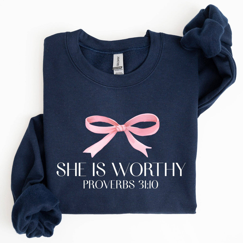 She Is Worthy, Christmas, Bow Pink, Soft Girl Era Sweatshirt