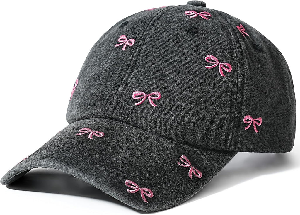 Cute Hats for Women, Bow Embroidery Baseball Cap Hat for Women, Trucker Hat Cotton Adjustable Womens Hats Trendy, Cute Caps for Women Washed Black