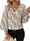 Women's Allover Printed Blouse Tops V Neck Lantern Long Sleeve Shirred Casual Work Shirt