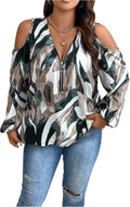 Women's Plus Size Blouse Allover Print Cold Shoulder Bishop Long Sleeve Half Zip Tops