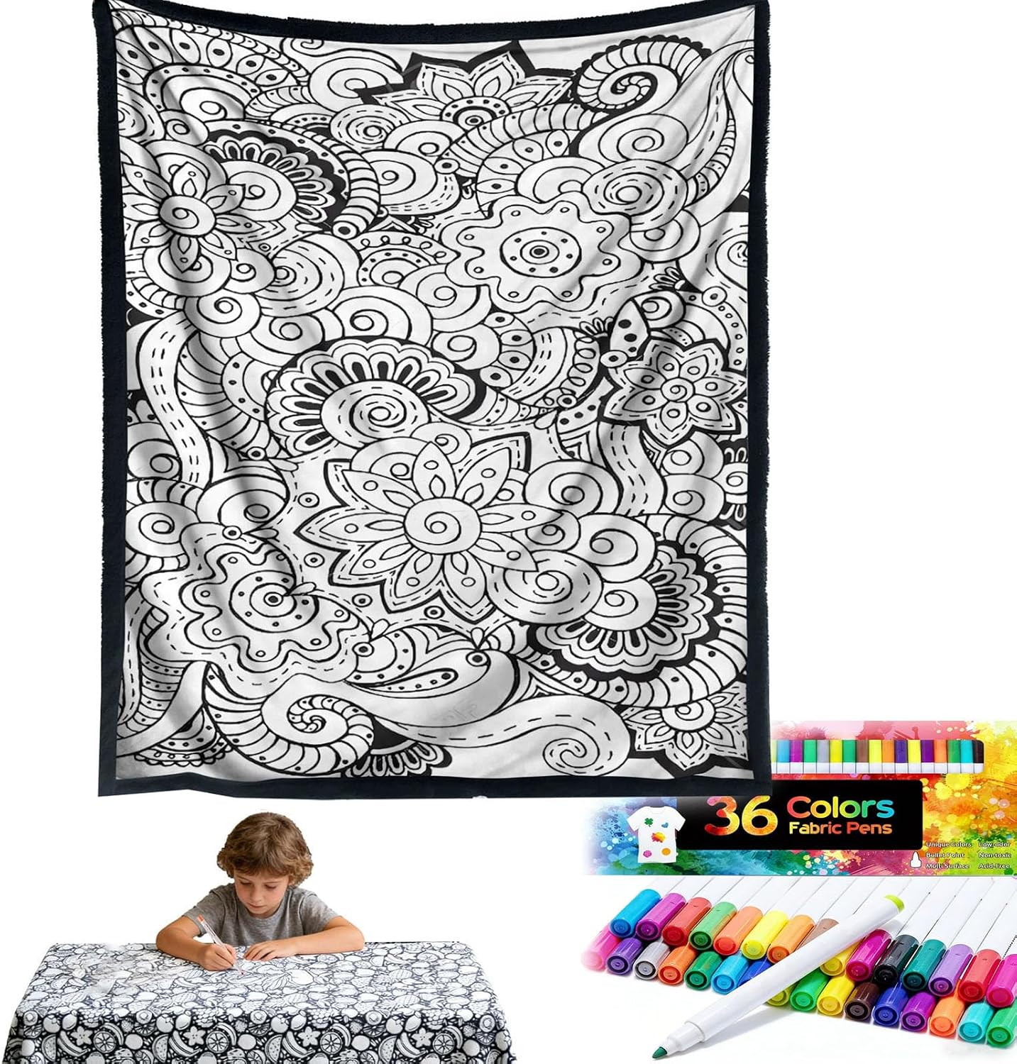 DIY Coloring Blanket for Adults 50x60 Inch, Color Your Own Blanket with 36 Marker Pens, Creative Art Custom Dyed Fabric Blankets, Washable DIY Coloring Blankets Fleece Throw (Flowers)