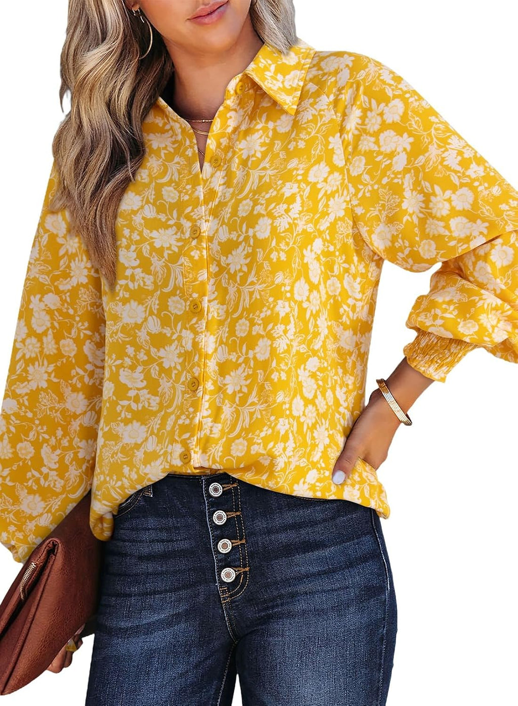 Women's Casual V Neck Allover Floral Print Long Sleeve Chiffon Button Down Blouses Bohemian Top Shirts