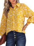 Women's Casual V Neck Allover Floral Print Long Sleeve Chiffon Button Down Blouses Bohemian Top Shirts