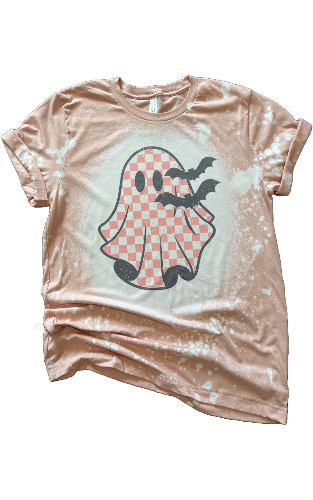 Checkered Ghost + Bats Halloween Bleached Tee