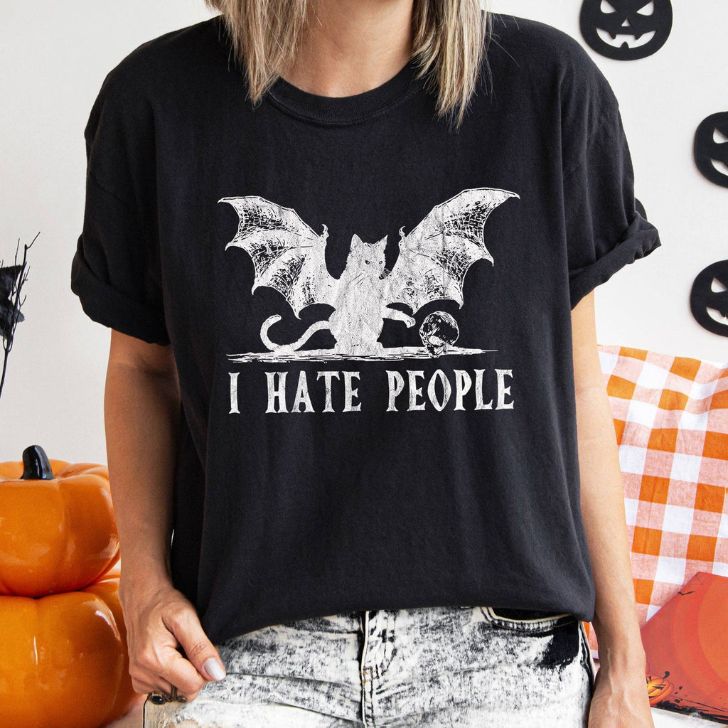 I Hate People Cat Bat Retro Halloween T-Shirt White Print