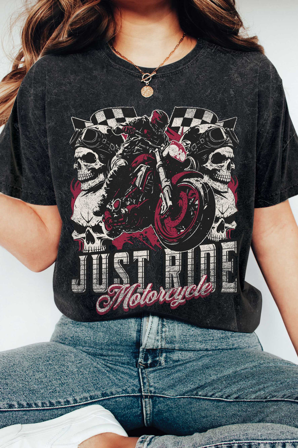 Just Ride Skull Motorcycle Mineral Graphic Tshirts