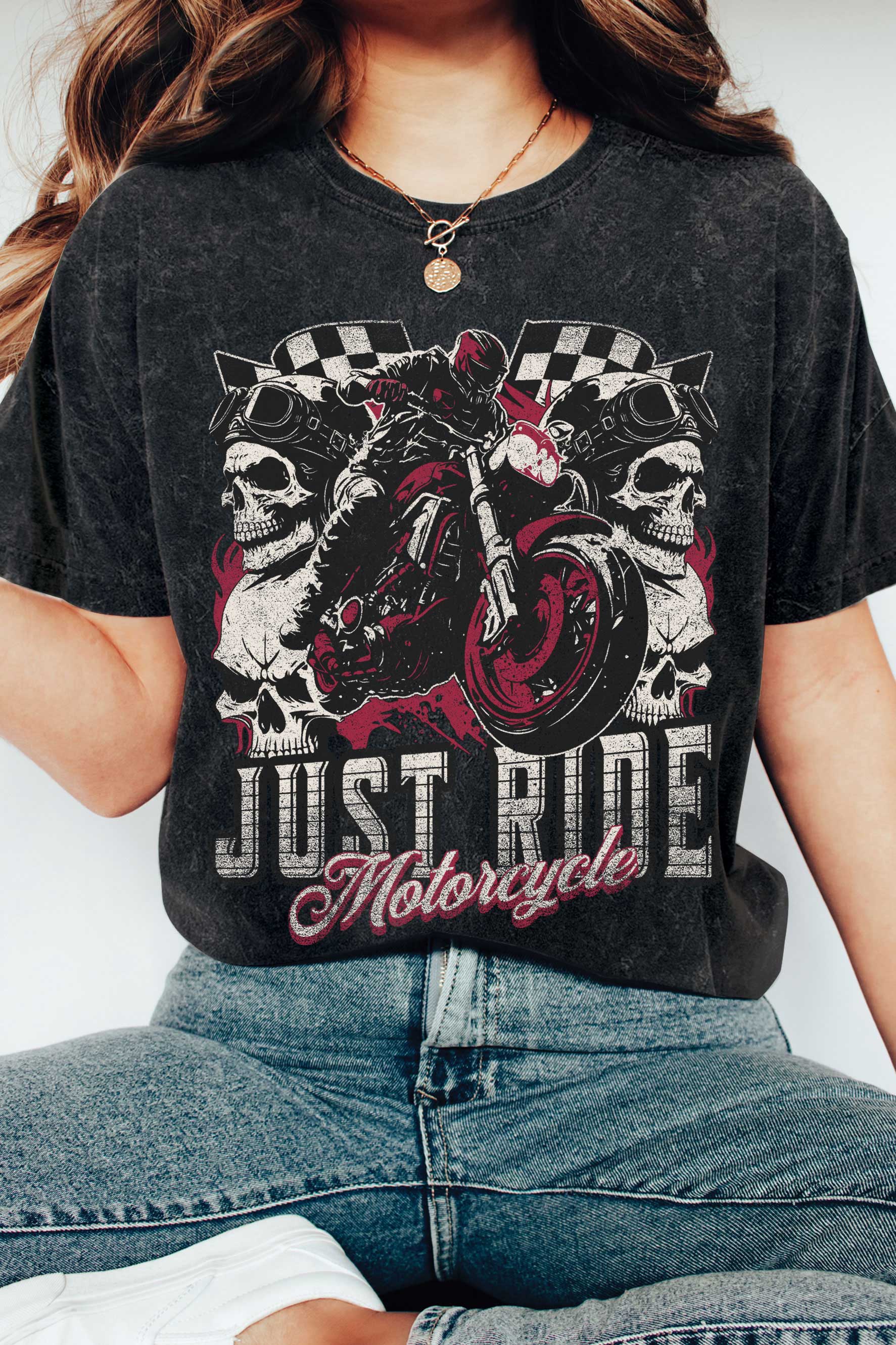 Just Ride Skull Motorcycle Mineral Graphic Tshirts