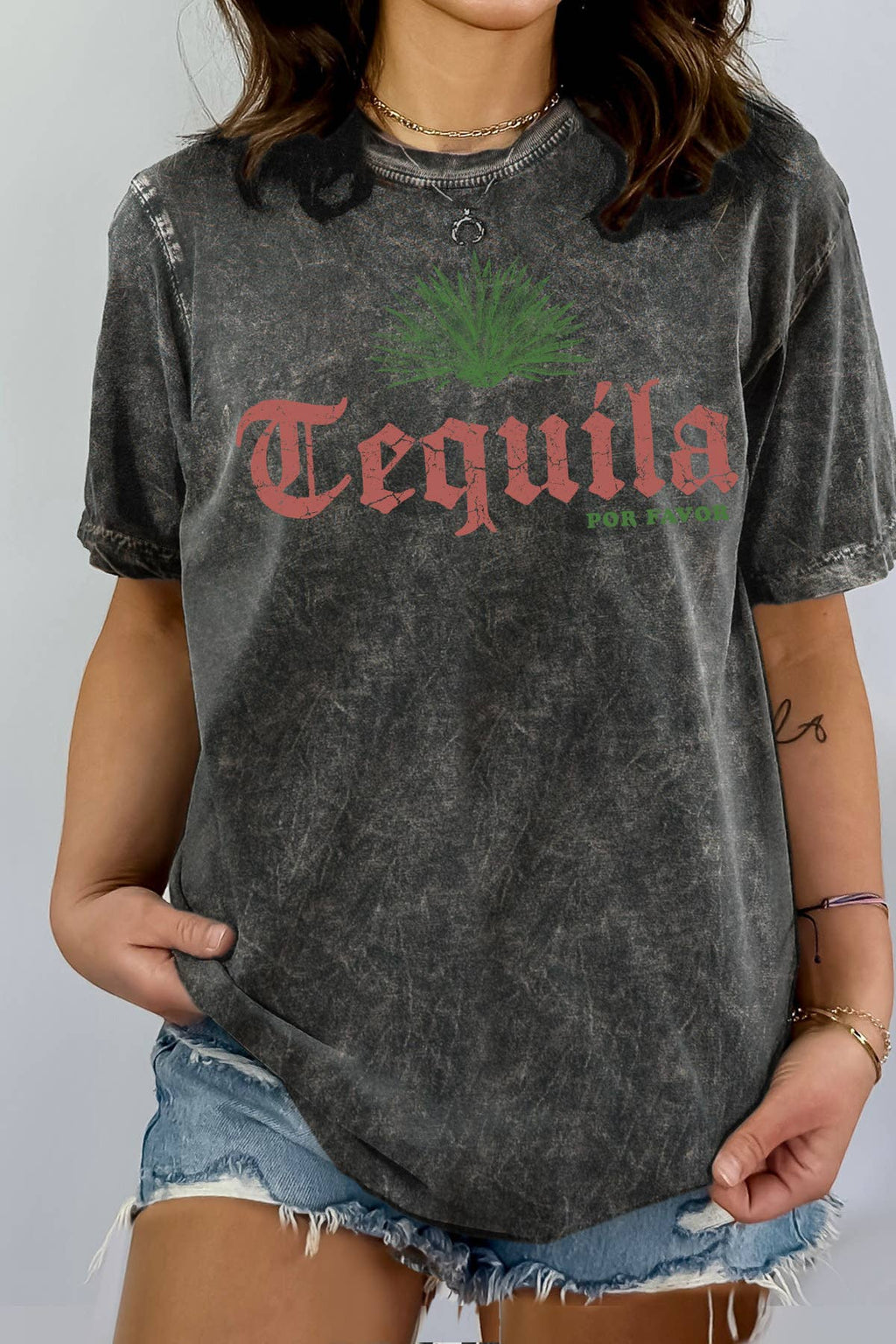 Women Tequila Graphic Print Mineral Wash Top