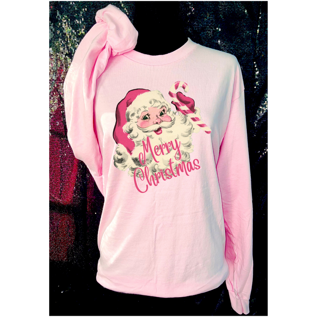 Pink Retro Santa Merry Christmas Long Sleeve