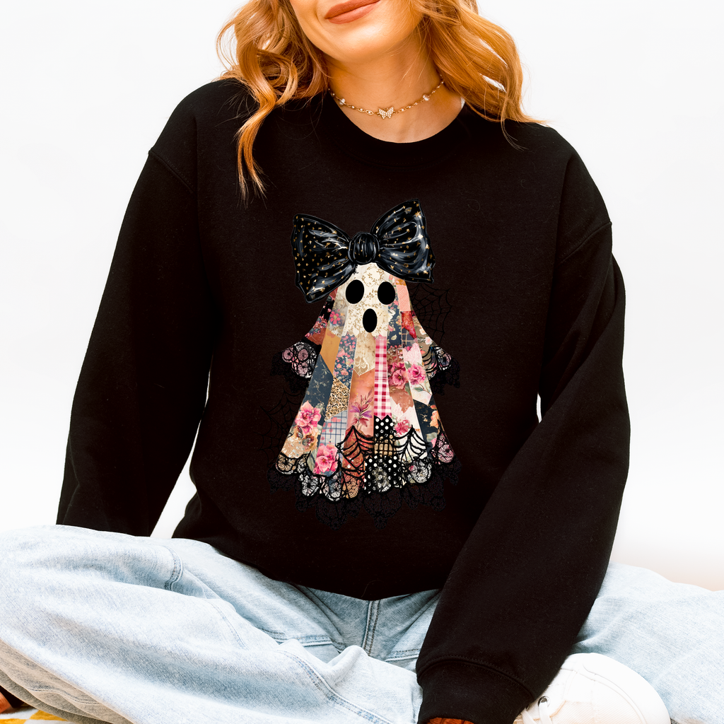 Faux Patchwork Lace Ghost Halloween Coquette Sweatshirt