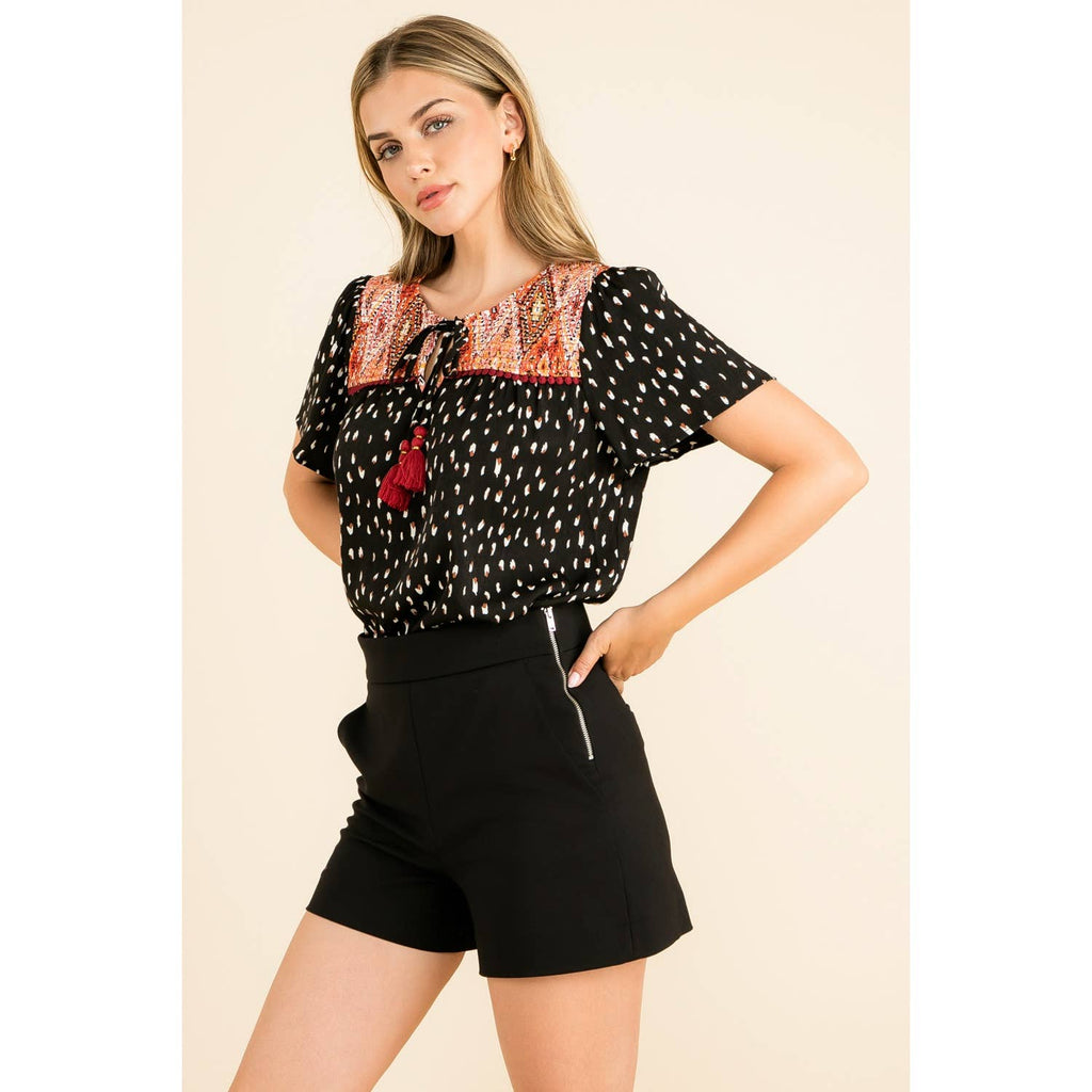 Black Mixed Media Short Sleeve Top with Tassel Tie Detail