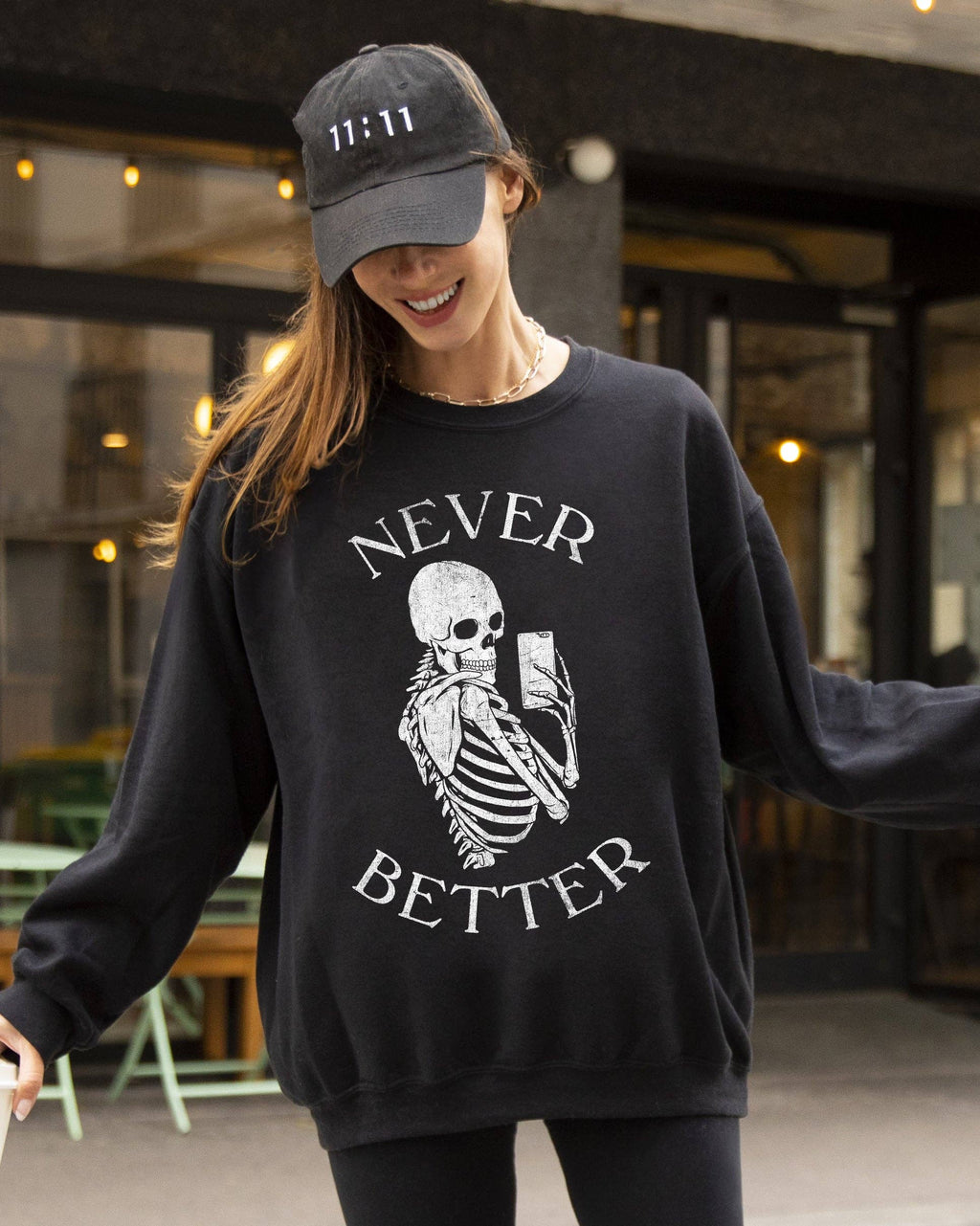 Never Better, Selfie, Skeleton, Funny, Halloween Sweatshirt