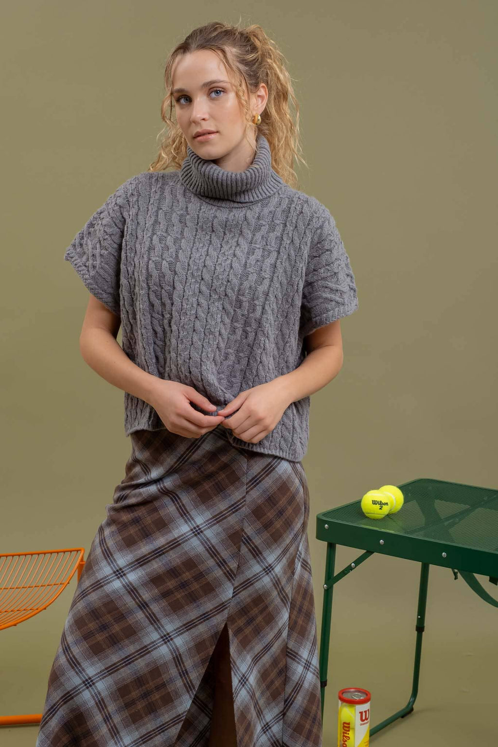 Cableknit Short Sleeve Turtleneck Sweater