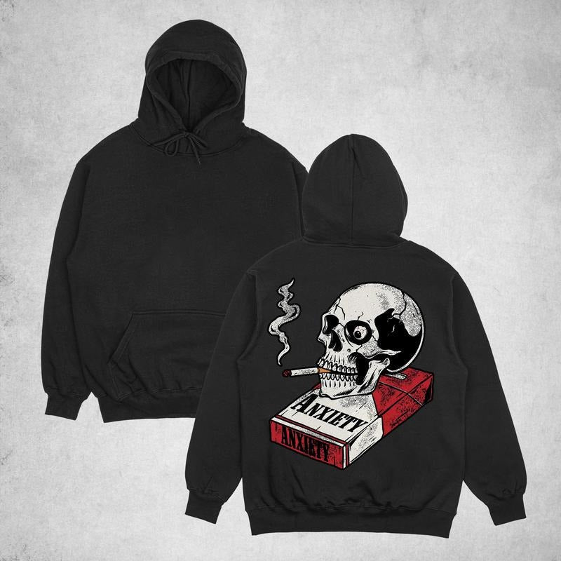 ANXIETY Smoking Skull&Cigarette Case Print T-Shirts