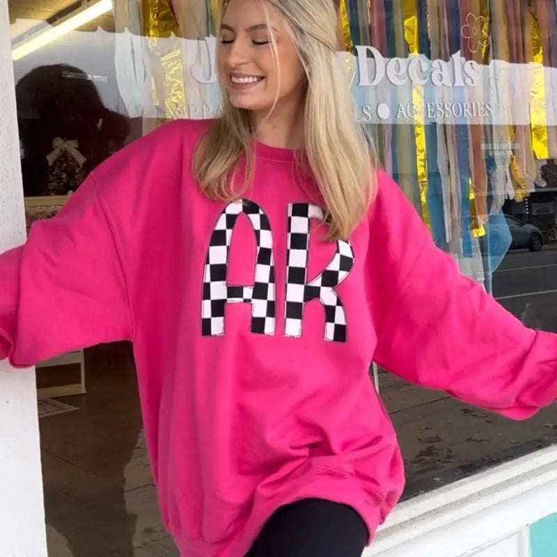 AR Arkansas Checkered Print Black & White State Fit Loose Fitting Casual Top Comfort Womenswear Long Sleeve Tops T-Shirts