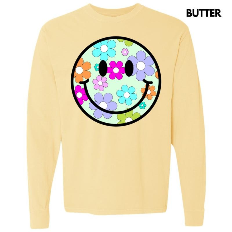 Adorable Floral Happy Face Long Sleeve Comfort Colors 'NLB' T-Shirts