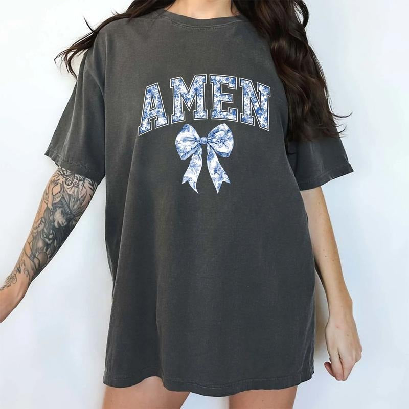 Amen Coquette Bow Comfort Colors Shirt Coquette Religious Bible Verse Easter T-Shirts