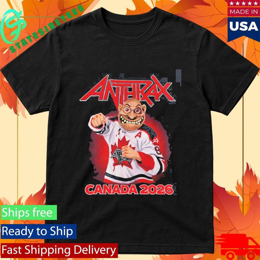 Anthrax Canada 2026 Tour Merch Tee No Man Mascot Canada Hockey Player Art Elbows Up
