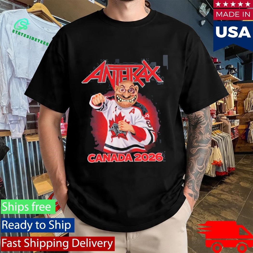 Anthrax Canada 2026 Tour Merch Tee No Man Mascot Canada Hockey Player Art Elbows Up