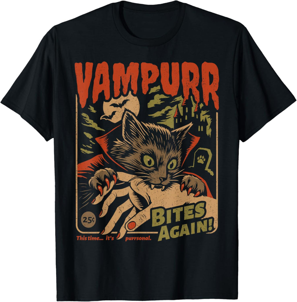 Vampurr Bites Again! Funny Cat Halloween Vintage Graphic T-Shirt