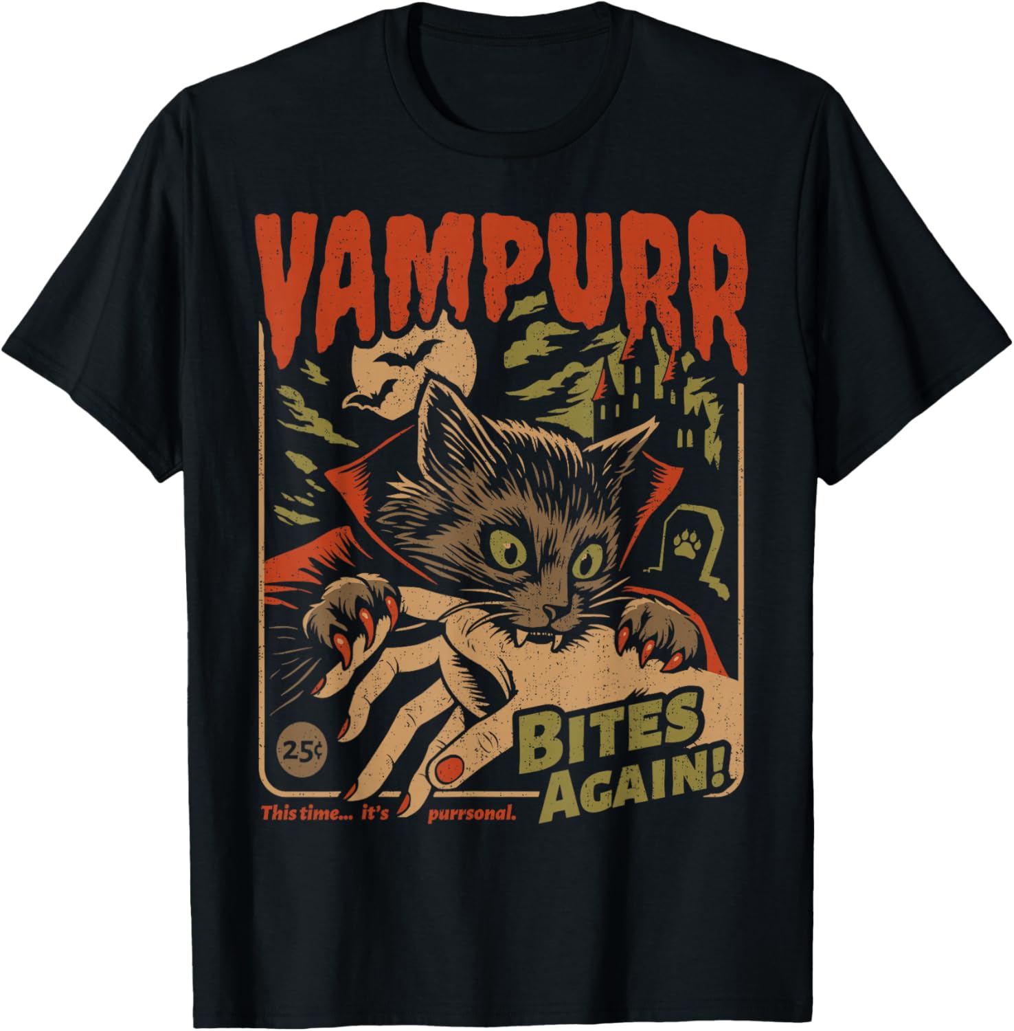 Vampurr Bites Again! Funny Cat Halloween Vintage Graphic T-Shirt