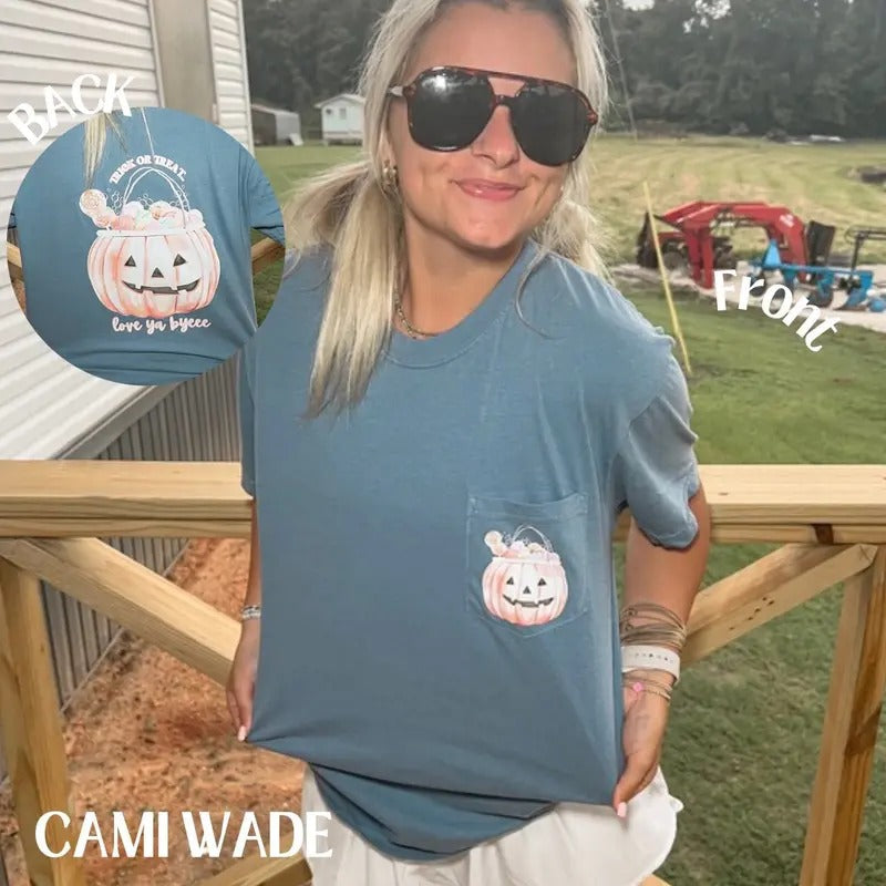 Cami Wade Halloween Candy Bucket Pocket Comfort Colors T-Shirts