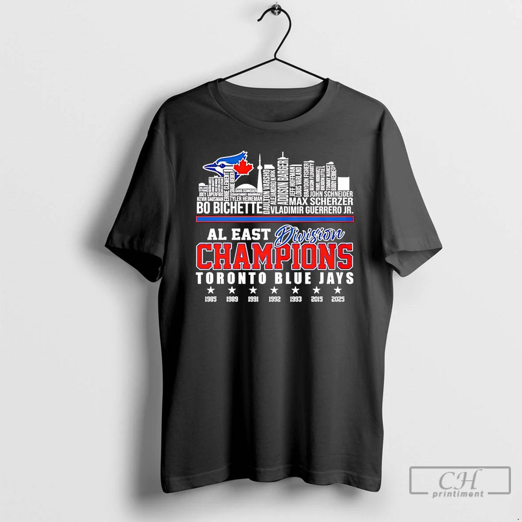 Classic Al East Division Champions 2025 Toronto Blue Jays Player Names Skyline T Shirts