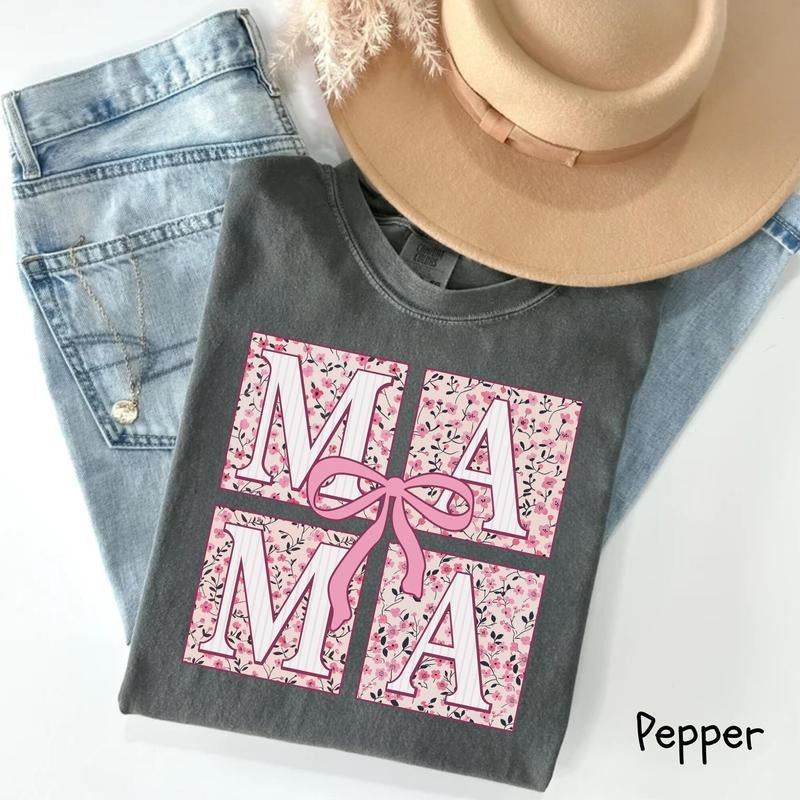 Comfort Colors Mama Pink Ribbon Girly Mom Floral Mom Shirt Bow Chinoiserie T-Shirts