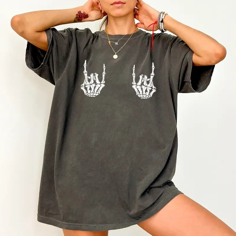 Comfort Colors Skeleton Rock Hand Shirt Skeleton Hands Printed Skeleton Unhinged Shirt Funny Funny Halloween Halloween Her Top Womenswear Cotton Fabric Relaxed Fit Chic T-Shirts
