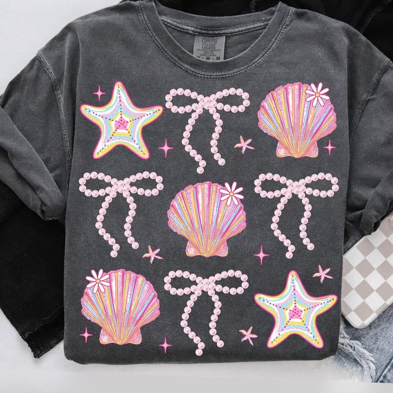 Comfort Colors Summer Clam Coquette Summer Pink Clam Shirt Summer Beach Shirt Summer Clam Bow T-Shirts