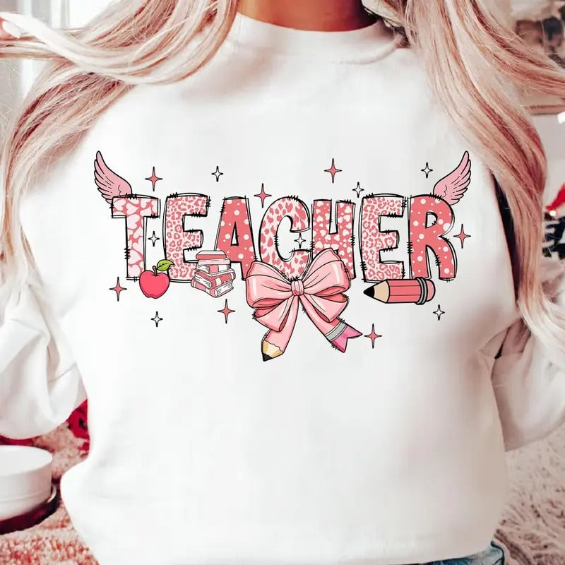 Coquette Bow Teacher Valentine Shirt Teaching Is Work Heart Valentine Shirt Teacher Shirt Valentine Teacher T-Shirts