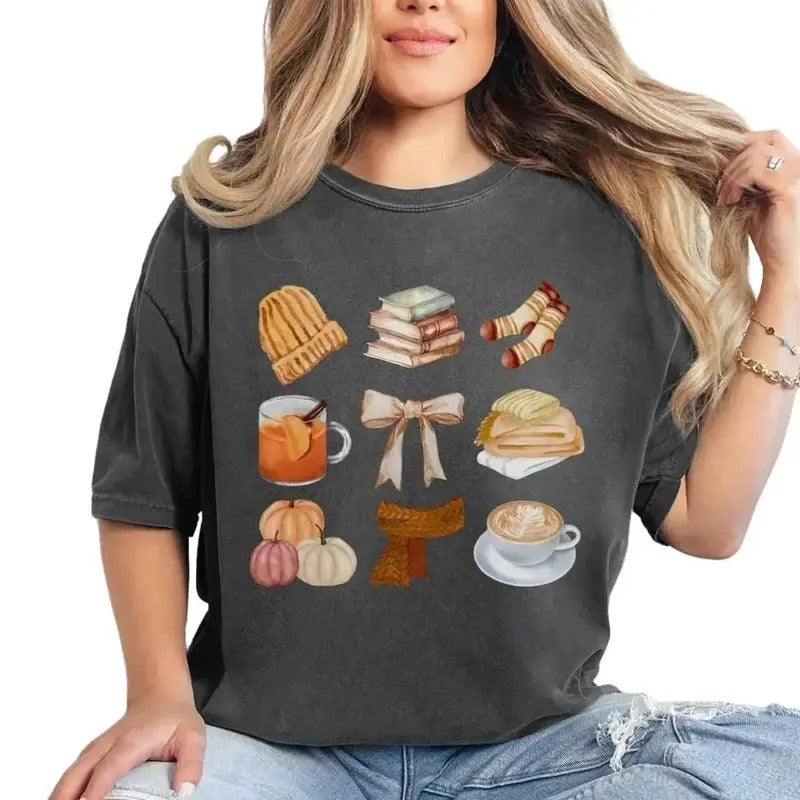 Coquette Fall Cozy Season Autumn Spooky Season Pumpkin Spice Weather Scarf Season Books Bows Socks Chai Latte Fit Check T-Shirts