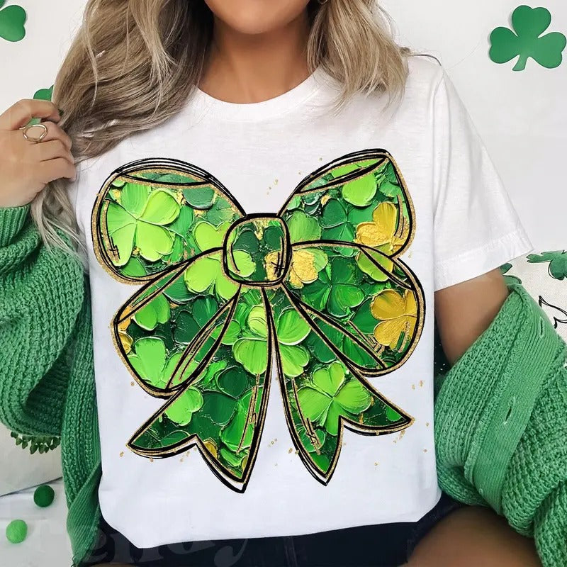 Coquette St Patrick'S Day Bow Glitter Coquette St Patty'S Day Lucky Shamrock Brushstroke Bow Irish Casual Comfort T-Shirts