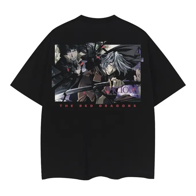 Cowboy Bebop "Red Dragon" Heavyweight Vintage 100% Cotton Anime Menswear Top Casual Streetwear Black Baggy Overshirt T-Shirts