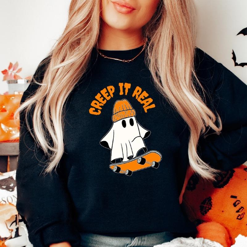Creep Real Cute Ghost Halloween Spooky Season Skating Ghost Fall T-Shirts