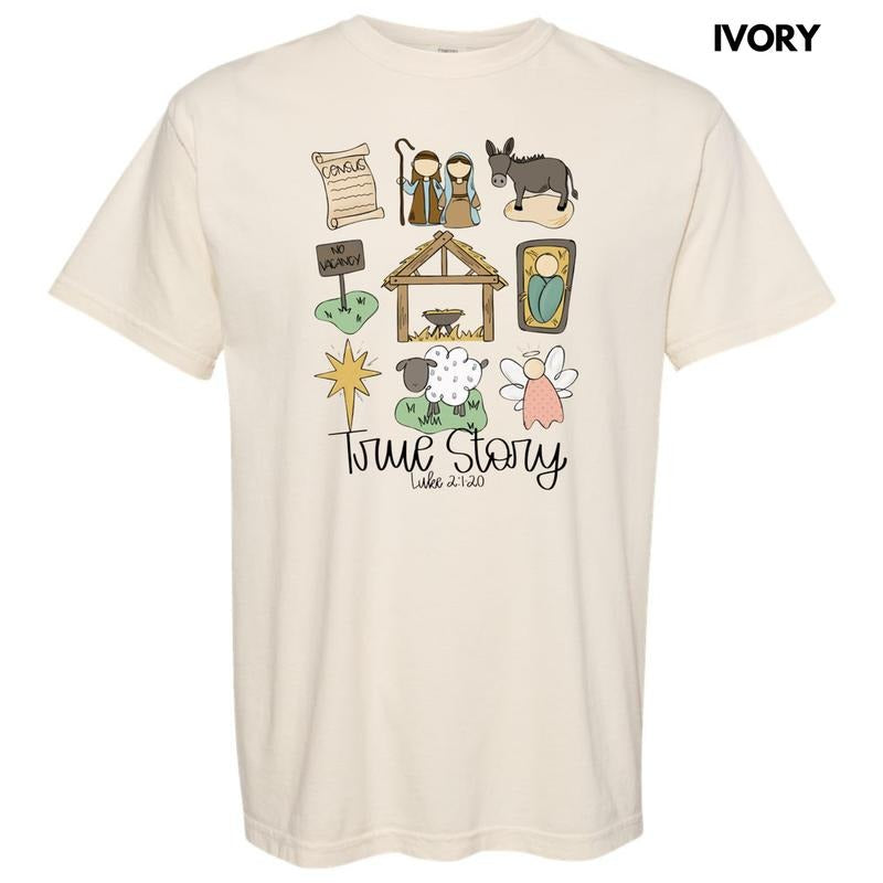 Cursive True Story Nativity Collage Comfort Colors T-Shirts