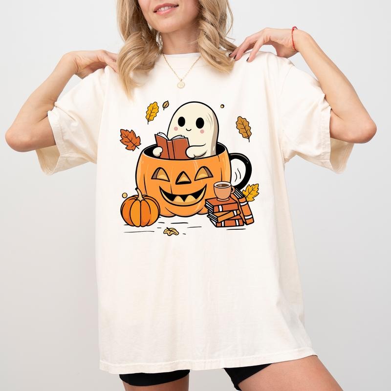 Cute Ghost Reading Book Comfort Colors Shirt Retro Fall Book Lover Fall Unhinged Shirt Funny Librarian Teacher Shirt Halloween Comfy Fabric Womenswear Cotton Fabric Relaxed Fit Chic T-Shirts