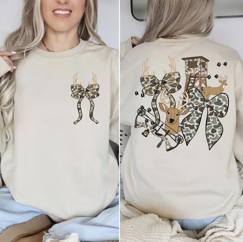 Cute Hunting Camo Deer Bow Front & Back T-Shirts
