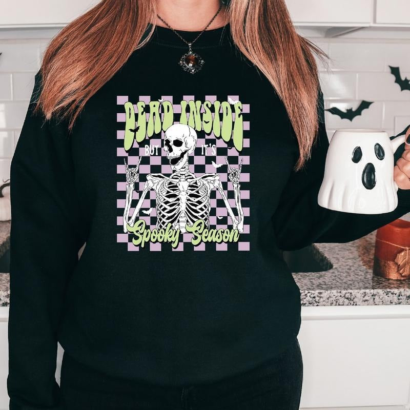 Dead Inside But 'S Spooky Season Halloween Party Sarcastic Skeleton Retro Fall Long Sleeve T-Shirts