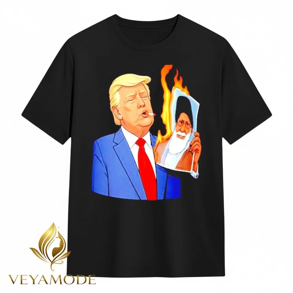 Donald Trump smoking US vs Iran fire Ali Khamenei photo tee Unisex , , , Long Sleeve Tee